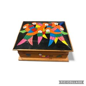 Colorful Black Multi Parrot Folk Art Artisan  Wood Jewelry or Trinket Box NWOT